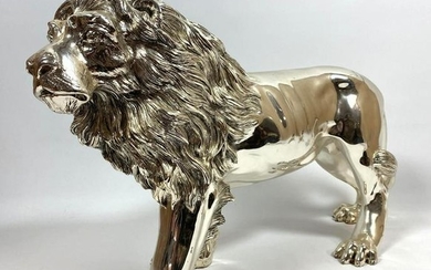 Heavy Silver Metal Figural Lion Sculpture. Realistic fo