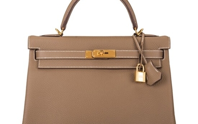 Hermès Etoupe Retourne Kelly 32cm of Taurillon Clemence Leather with Gold Hardware