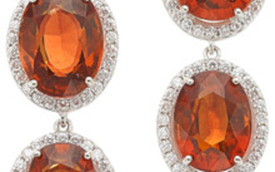 Hessonite Garnet, Diamond, White Gold Earrings Stones: Oval-shaped hessonite...
