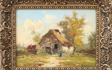 Hollandse School: boerderijtje in landschap, olieverf op board, gesigneerd J. van Zande, eerste helft 20e eeuw.