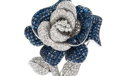 INVISIBLY-SET SAPPHIRE AND DIAMOND FLOWER BROOCH