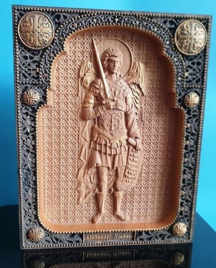 Icon, Orthodox " Archangel Michael" carved- Wood- Oak