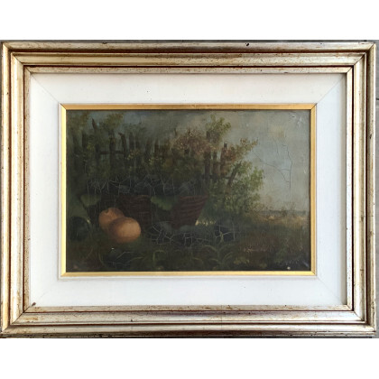 Ignoto inizio XX Secolo. Coppia dipinti ad olio su tela raffiguranti "Canestre di frutta con vegetazione" (cm 27x41), in cornici...