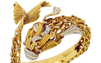 Ilias Lalaounis for Zolotas Two-Color Gold, Diamond and Ruby Fish Bangle Bracelet