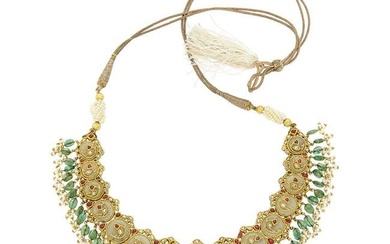 Indian Gold, Jaipur Enamel, Nephrite, Foil-Backed Ruby and Diamond, Emerald Bead and Freshwater