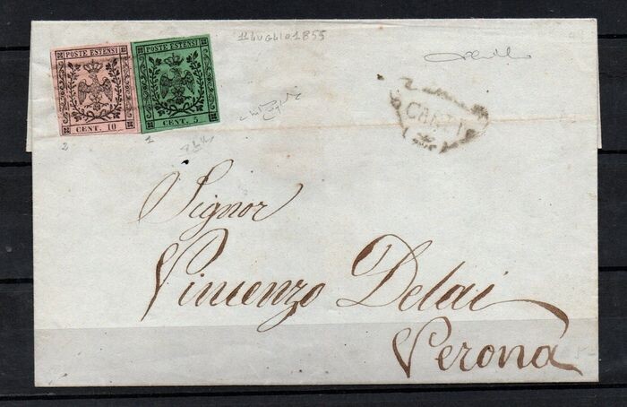 Italian Ancient States - Modena 1852 - 5 and 10 cents without dot on letter from Carpi to Verona - Sassone NN. 1, 2