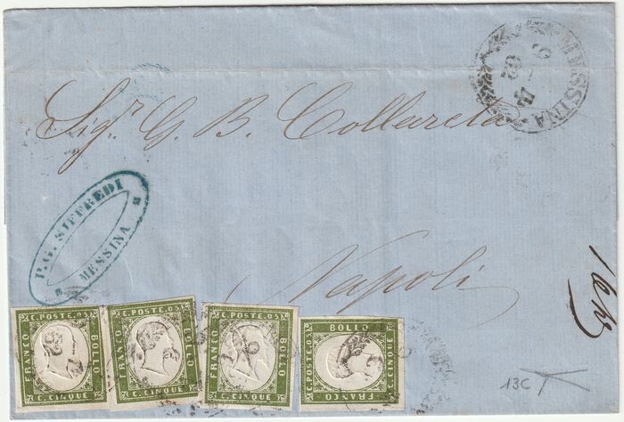 Italian Ancient States - Sardinia 1862 - 5 c. olive green 4 pieces on letter from Messina to Naples - Sassone N. 13C