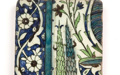 Iznik polychrome tile Turkey, mid-16th Century with leaf designs, in...