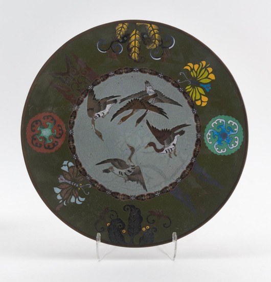 JAPANESE CLOISONNÉ ENAMEL PLATE Central goose design surrounded by a floral rondel and butterfly border. Diameter 12".