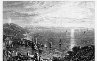 JMW TURNER 1800s Engraving Coastal View with Ships & Boats Framed Signed