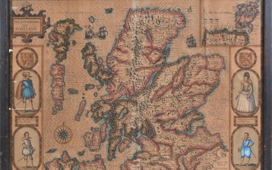 JOHN SPEED, BRITISH 1552-1629, MAP OF THE KINGDOME OF SCOTLAND..., 1610, Hand-colored engraving, Frame: 21 1/8 x 16 1/4 in.