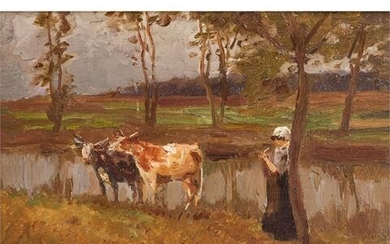 JUNGHANNS, Julius Paul, ATTRIBUIERT (1876-1958), "Hirtin mit zwei Kälbern am Flussufer"
