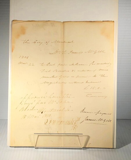 James McGill. Document manuscrit signé. 1808