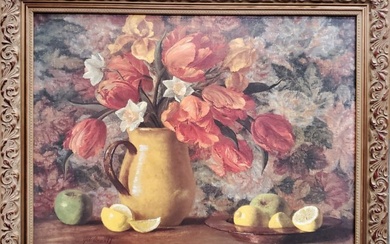 Joe Anna Arnett Orange Parrot Tulips Fruit Still Life Canvas Print Framed