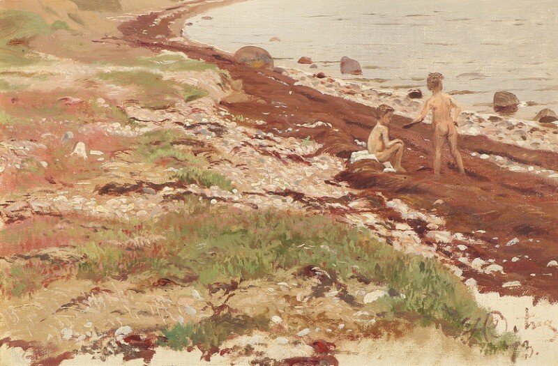Johannes Boesen: Coastal scene with two boys skipping stones. Signed and dated with monogram, 73. Oil on canvas. 23×33 cm.