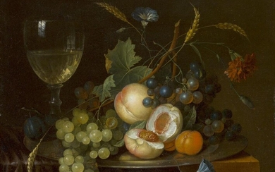 Johannes Christianus Roedig, Dutch 1750-1802- Still life with fruit and flowers on a pewter plate and a glass of wine on a draped table; oil on panel, bears signature â€˜J:D:DE:HEEM:f' (lower right), bears printed 'Thomas Baring' label on the...