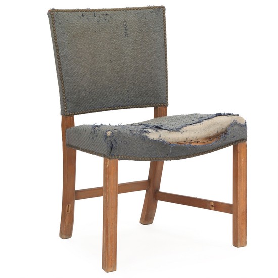 Kaare Klint: “Red Chair”. Dining chair of beech. Seat and back upholstered with nail fitted blue wool with defects. Made by Rud. Rasmussen Cabinetmaker's.