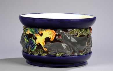 Karin Jarl (Karin Jarl-Sakellarios, Vienna, 1885–1948), a large bowl (cachepot) with different animals, model number: 5264, Wiener Manufaktur Friedrich Goldscheider, 1922–25