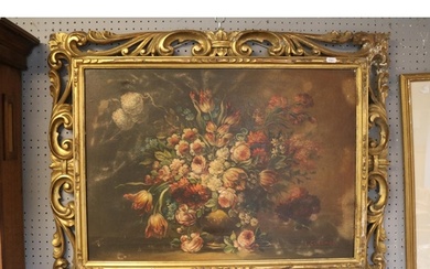 L Columbo Oil on canvas of Floral still life in gilt Gesso s...