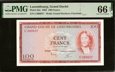 LUXEMBOURG. Grand-Duche de Luxembourg. 100 Francs, 1963. P-52a. PMG Gem Uncirculated 66 EPQ.