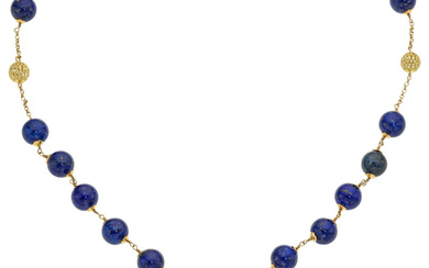 Lapis Lazuli, Sapphire, Gold Necklace Stones: Round-shaped sapphires weighing...