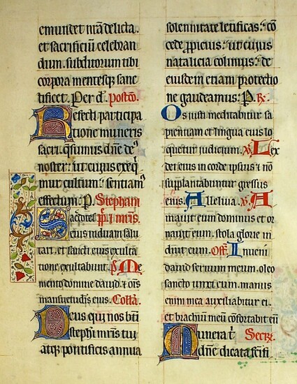 Large & finely illuminated leaf in the style of a Book of Hours. Exceptionally decorative manuscript Missal leaf, c.1425