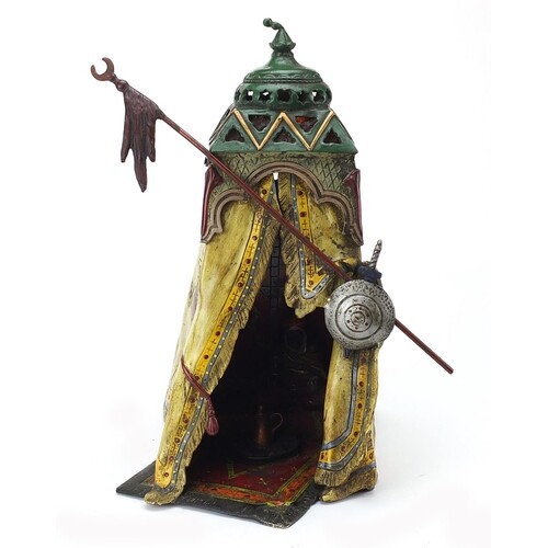 Large cold painted bronze study of an Arab sitting in a tent...