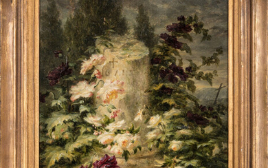 Lot 57 Simon SAINT-JEAN (1808-1860). Colonne brisée entourée de fleurs. Huile sur papier collé sur panneau. Signé en bas à gauche. 25 x 20 cm. OH