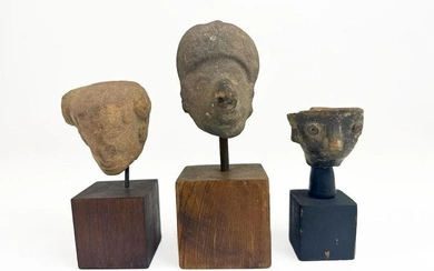 Lot of 3 Pre Columbian Pottery Heads On Wood Bases