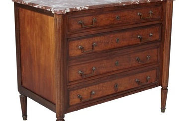 Louis XVI Style Marble Top Walnut Commode, 20th c., H.- 33 1/4 in., W.- 38 1/2 in., D.- 22 1/2 in.