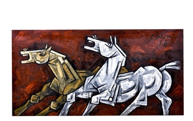 MAQBOOL FIDA HUSAIN (1915-2011) "RUNNING HORSES" SIGNED TOP...