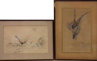 MÉRITE Edouard (1867 - 1941) « Les faisans » deux aquarelles signées à droite et à gauche, l'une est dédicacée - 24x15 et 15x24