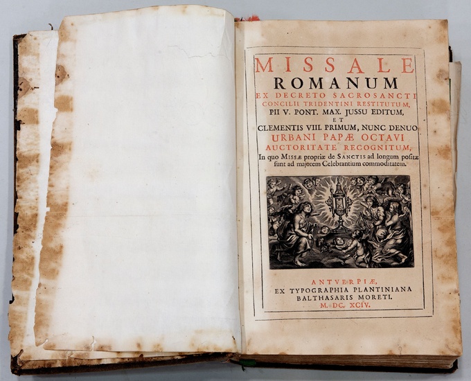 MISSALE ROMANUM, 1694. Missel romain écrit en latin et accompagné de gravures. De l'imprimerie Officina...