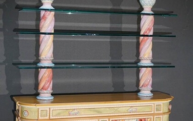 MacKenzie-Childs Painted and Decorated Cherry and Art Pottery Hutch Credenza with Glass Shelves