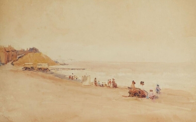 Mary Sophia Ludlow, British 1869-1951 - A coastal landscape with figures on the beach; watercolour on paper, signed lower right 'M S Ludlow', 39 x 54 cm
