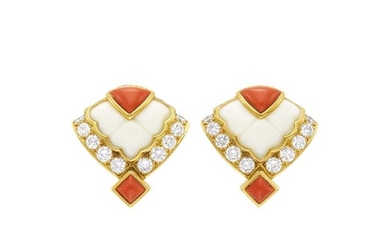 Mauboussin Paris Pair of Gold, Coral, White Coral and Diamond Earclips