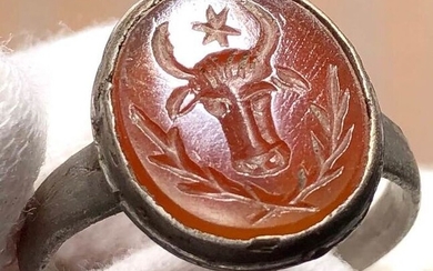 Medieval Silver Ring with Carnelian Intaglio and image:Coat of Arms of Moldavia at the time of Stephen III the Great