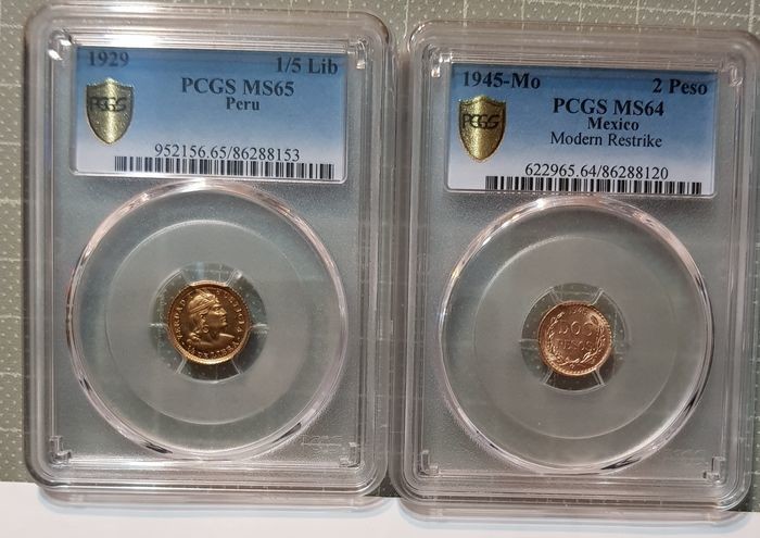 Mexico, Peru - 2Peso+1/5 Lib 1945-MO Restrike+1929 VERADA I (2Coins) - Gold