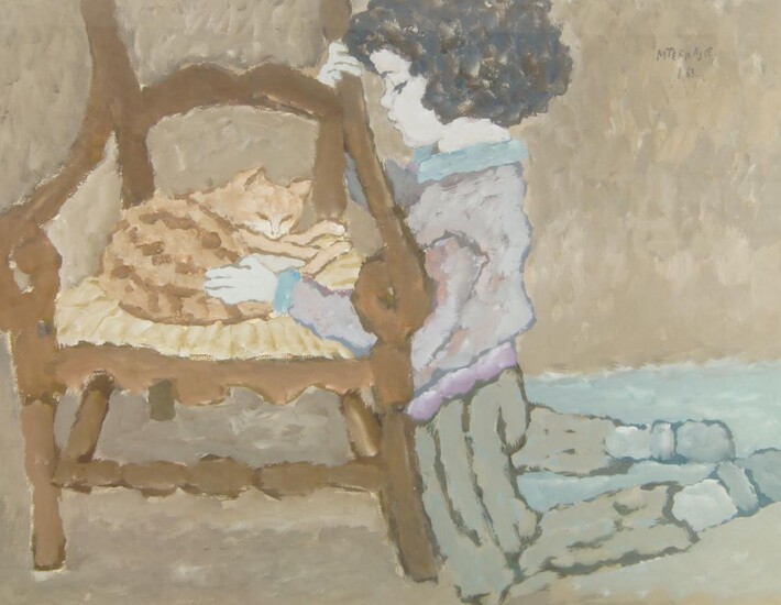 Michel Terrasse, French 1928-2002- Isabelle et la chatte Noisette, 1963; oil on paper, signed and dated upper right '63', 49 x 62.5 cm (ARR) Provenance: with Wildenstein & Co. Ltd., London; private collection, purchased from the above on 29th...