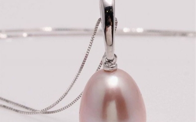 NO RESERVE PRICE - 18 kt. White Gold - 10.3mm Pink Cultured Pearl Drop - Necklace with pendant
