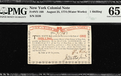 NY-168. New York. August 25, 1774. 1 Shilling. PMG Gem Uncirculated 65 EPQ.