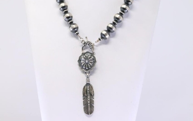 Native American Navajo Handmade Sterling Silver Feather Pendant & Pearl Beaded Necklace.