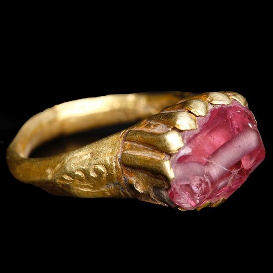 Near Eastern Gold Ornate Ring with Pink Stone