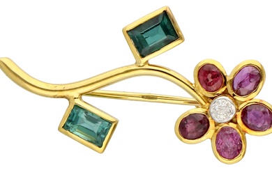 No Reserve - 14K Yellow gold flower brooch set with ruby, tourmaline and diamond.