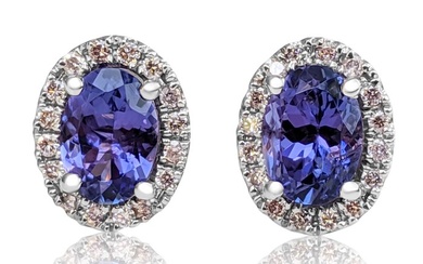 No Reserve Price - 1.71 Carat Tanzanite and 0.25Ct Fancy Pink Diamonds Halo Earrings - White gold Round Tanzanite