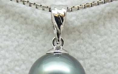 No Reserve Price - Tahitian Pearl, Rikitea Pearl, Darker Peacock, Round 10.48 mm - 18 kt. White gold - Pendant