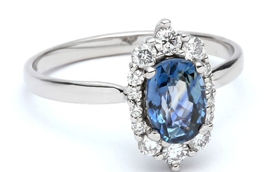 **No Reserve Prices** - 14 kt. White gold - Ring - 1.49 ct Sapphire - Diamonds, GW Lab Certified Eye Clean