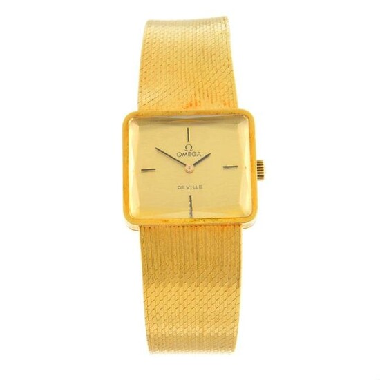 OMEGA - a De Ville bracelet watch. Yellow metal case, stamped 18K 0,750. Case width 25mm. Numbered