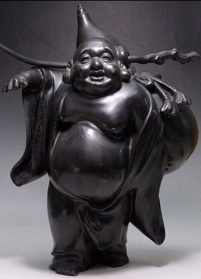 Okimono - Bronze - God of Good Fortune Hotei 布袋 carrying a giant double-gourd bottle - Japan - Late 19th century (Meiji period)