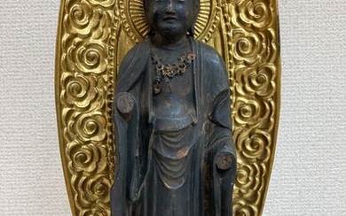 Okimono - Natural solid wood and lacquered gold - Beautiful 36cm high statue of Kannon Bosatsu 観音菩薩 (Bodhisattva Avalokitesvara) - Japan - Edo Period (1600-1868)